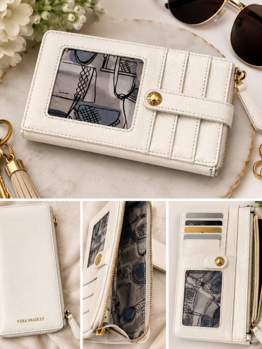 Vera Bradley White Zip Around Wristlet Wallet Card Holder Gold Tone